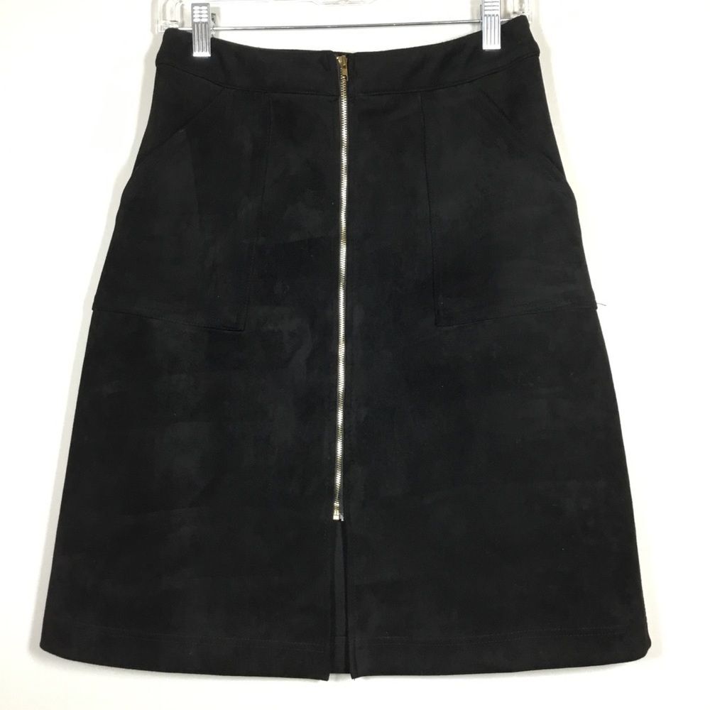 Black suede feel a-line skirt with gold tone zipper oversized pockets size S
